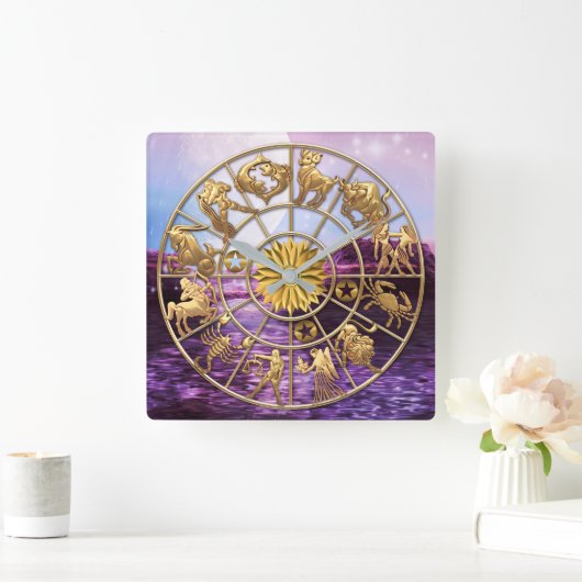 (占星術の)十二宮図はカスタムな3人の家族の金ゴールドの星に署名します スクエア壁時計 (ホーム)