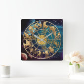 (占星術の)十二宮図はカスタムな4メンバー家族の金ゴールドの星に署名します スクエア壁時計 (ホーム)