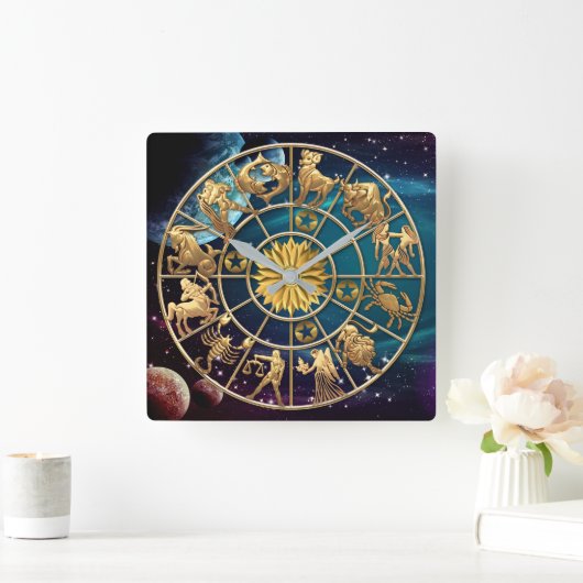 (占星術の)十二宮図はカスタムな4メンバー家族の金ゴールドの星に署名します スクエア壁時計 (ホーム)
