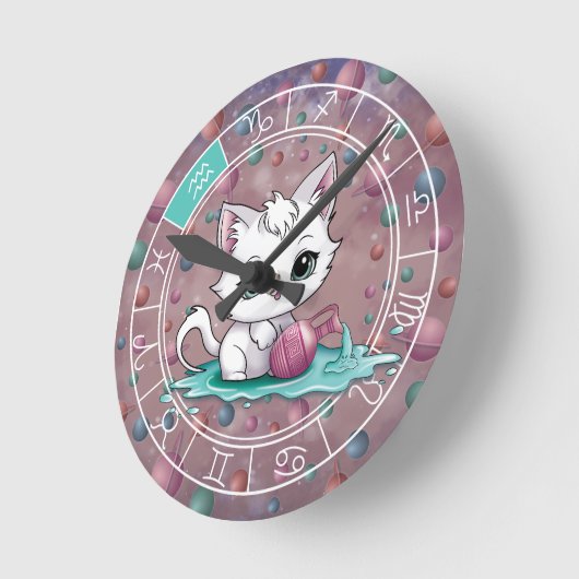 〔占星術の〕十二宮図アクエリアスかわいいキャットホイール星占い ラウンド壁時計 (傾斜)