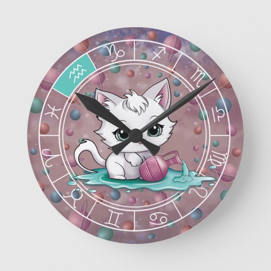 〔占星術の〕十二宮図アクエリアスかわいいキャットホイール星占い ラウンド壁時計 (正面)