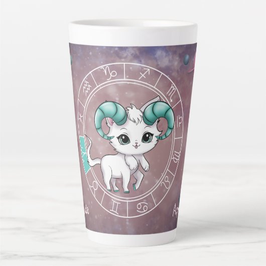 〔占星術の〕十二宮図アリーかわいいキャットホイール星占い カフェラテマグ (正面)