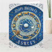 〔占星術の〕十二宮図オールドワールド誕生日サンシンボルや象徴ブルー+名前 カード (正面)