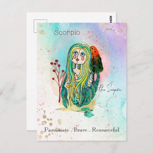 〔占星術の〕十二宮図サイン蠍座ザスコーピオンガールグリーン ポストカード (正面/裏面)