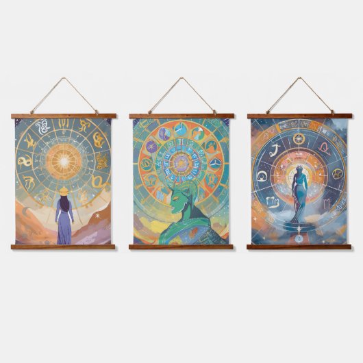 〔占星術の〕十二宮図シンボルや象徴と占星術ウォールアート 吊り下げ型タペストリー (トリプル)