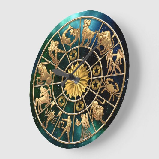 〔占星術の〕十二宮図シンボルや象徴5人家族金ゴールドスターカスタムズ ラージ壁時計 (傾斜)