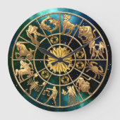 〔占星術の〕十二宮図シンボルや象徴5人家族金ゴールドスターカスタムズ ラージ壁時計 (正面)