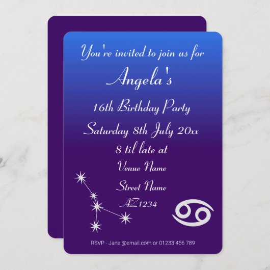 〔占星術の〕十二宮図パーソナライズされたがん銀河系パーティの招待状 招待状 (正面/裏面)