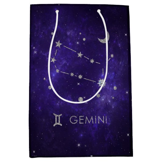 〔占星術の〕十二宮図パープルジェミニ |宇宙占星術占星術 ミディアムペーパーバッグ (正面)