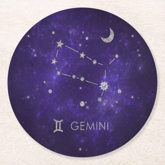 〔占星術の〕十二宮図パープルジェミニ |宇宙占星術占星術 ラウンドペーパーコースター (正面)