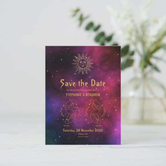 〔占星術の〕十二宮図ブルゴーニュ金ゴールドジェミニ/ジェミニ天空 案内ポストカード (スタンド正面)