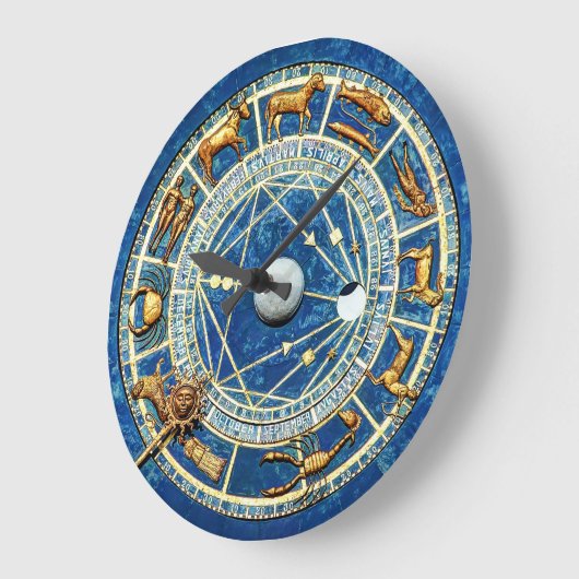 〔占星術の〕十二宮図ブルーと金ゴールドの旧世界天占星学 ラージ壁時計 (傾斜)