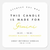 〔占星術の〕十二宮図モダンサインGeminiキャンドルラベル スクエアシール (正面)