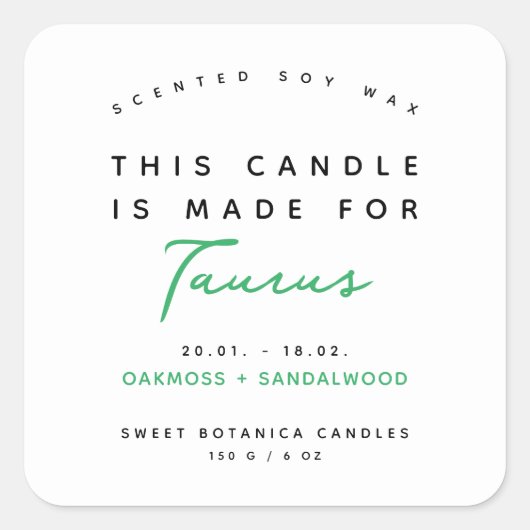 〔占星術の〕十二宮図モダン標識タウロスろうそくラベル スクエアシール (正面)