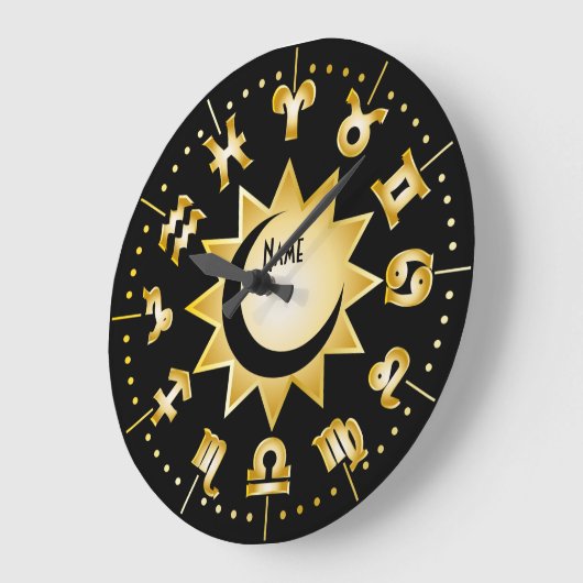 〔占星術の〕十二宮図モノグラムブラック金ゴールドサンムーンあなたの名前を追加 ラージ壁時計 (傾斜)