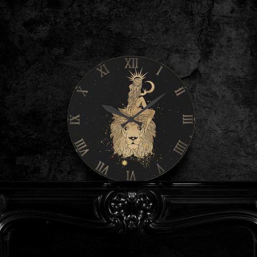 〔占星術の〕十二宮図レオ |宇宙金ゴールドと黒星計大 ラウンド壁時計