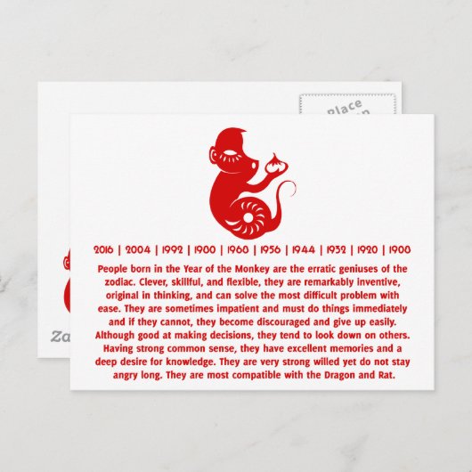 〔占星術の〕十二宮図中国の裁紙モンキーイラストレーション ポストカード (正面/裏面)