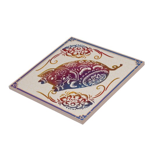 〔占星術の〕十二宮図中国の豚紙切削模様フォークアート タイル (側面)