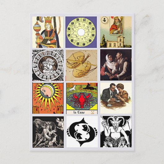 〔占星術の〕十二宮図占い師タロットカードアートコラージュ ポストカード (正面)