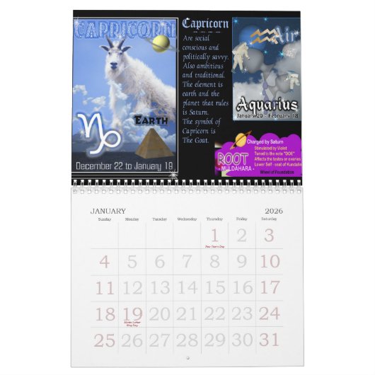 (占星術の)十二宮図及びチャクラのカレンダー カレンダー (1月 2026)