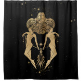 〔占星術の〕十二宮図女神 |コズミック金ゴールドジェミニ星占い シャワーカーテン (正面)