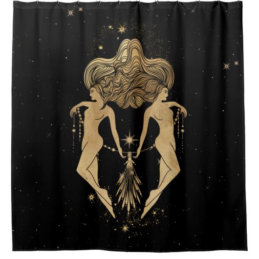 〔占星術の〕十二宮図女神 |コズミック金ゴールドジェミニ星占い シャワーカーテン (正面)