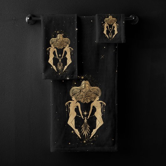 〔占星術の〕十二宮図女神 |コズミック金ゴールドジェミニ星占い バスタオルセット