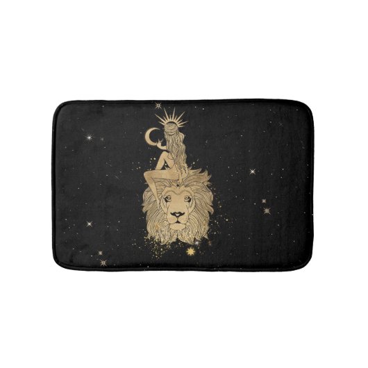 〔占星術の〕十二宮図女神 |コズミック金ゴールドレオアストロロジー バスマット (正面)