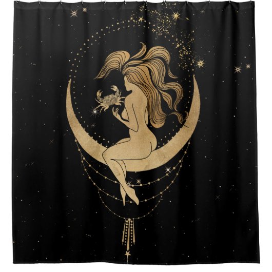 〔占星術の〕十二宮図女神 |宇宙金ゴールドがん占星術 シャワーカーテン (正面)