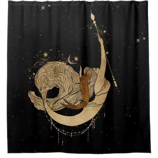 〔占星術の〕十二宮図女神 |宇宙金ゴールド山羊座占星術 シャワーカーテン (正面)