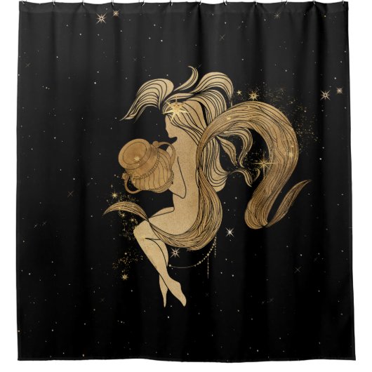 〔占星術の〕十二宮図女神 |宇宙金ゴールド水族星占い シャワーカーテン (正面)