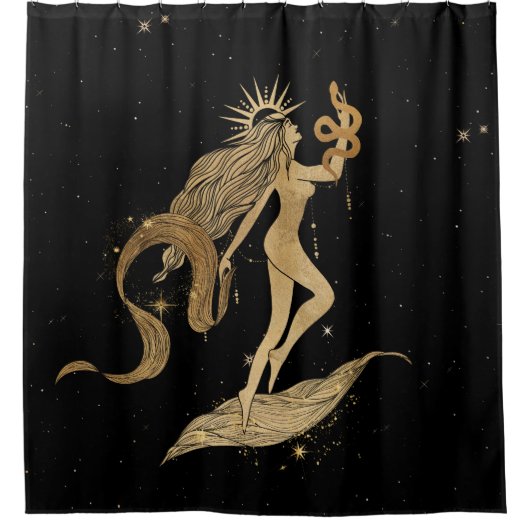 〔占星術の〕十二宮図女神 |宇宙金ゴールド《星座》乙女座占星術 シャワーカーテン (正面)