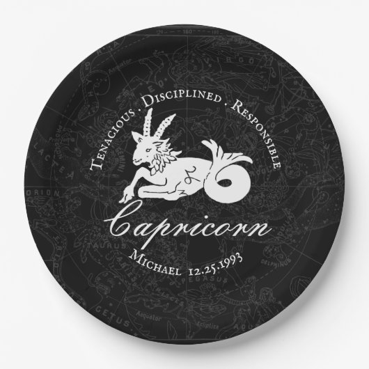  〔占星術の〕十二宮図山羊座星占い白黒ヴィンテージ ペーパープレート (正面)