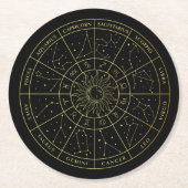 〔占星術の〕十二宮図星印占星術星座マップ金ゴールド ラウンドペーパーコースター (正面)