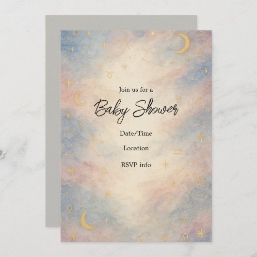 〔占星術の〕十二宮図星座ベビーシャワー招待状 招待状 (正面/裏面)