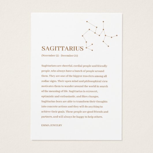〔占星術の〕十二宮図標識射手座ジュエリー表示カード (裏面)