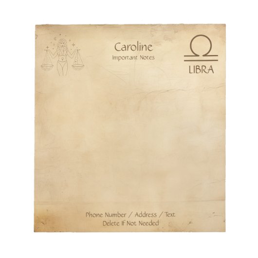〔占星術の〕十二宮図署名Libra - Personalizable Notepad ノートパッド (正面)