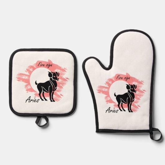 〔占星術の〕十二宮図記号 – 牡羊座 鍋つかみ&鍋敷きセット (正面)