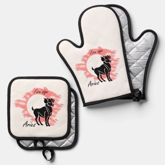 〔占星術の〕十二宮図記号 – 牡羊座 鍋つかみ&鍋敷きセット (正面/裏面)