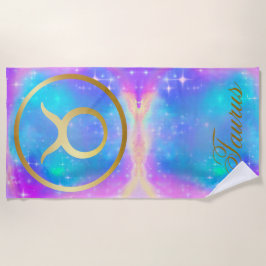 〔占星術の〕十二宮図記号Taurus金ゴールドを背景にカラフル表示 | ビーチタオル