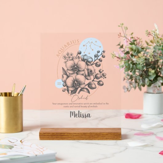 〔占星術の〕十二宮図誕生フラワーパーソナライズされたアクエリアスの贈り物 アクリルサイン (ウェディング)