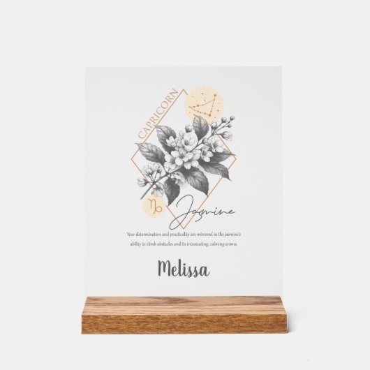 〔占星術の〕十二宮図誕生フラワーパーソナライズされた山羊座ギフト アクリルサイン (正面)