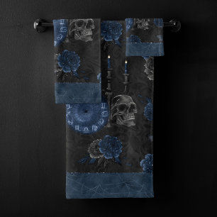 〔占星術の〕十二宮図魔法  ダークネイビーブルーゴシックスカルバラ バスタオルセット