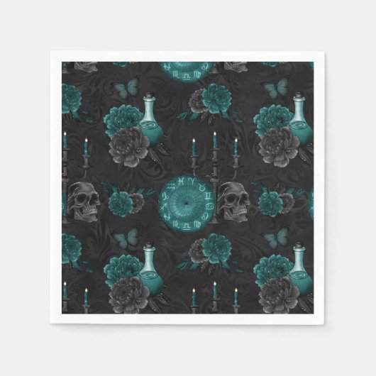 〔占星術の〕十二宮図魔法 |暗いティール(緑がかった色)グリーンゴシックスカルバラ スタンダードカクテルナプキン (正面)