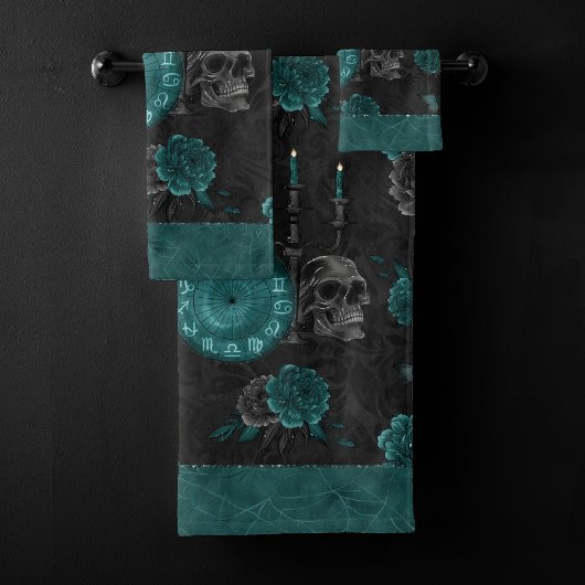 〔占星術の〕十二宮図魔法 |暗いティール(緑がかった色)グリーンゴシックスカルバラ バスタオルセット