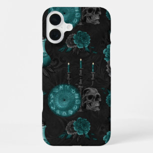 〔占星術の〕十二宮図魔法  暗いティール（緑がかった色）グリーンゴシックスカルバラ iPhone 16 PLUSケース