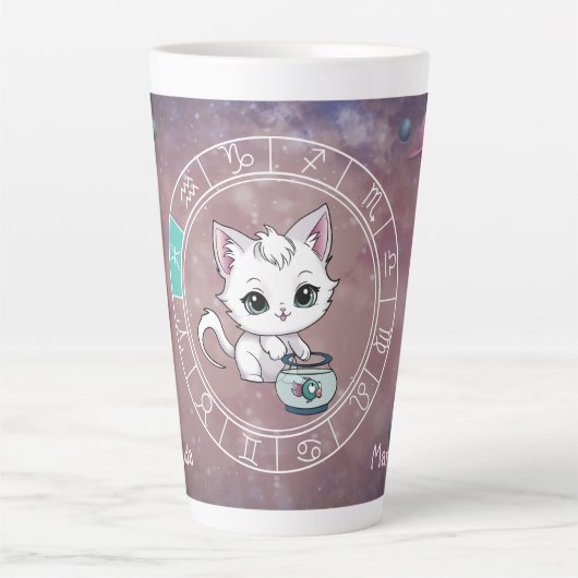 〔占星術の〕十二宮図魚座かわいいキャットホイール星占い カフェラテマグ (正面)