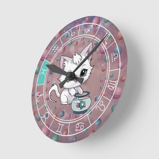 〔占星術の〕十二宮図魚座かわいいキャットホイール星占い ラウンド壁時計 (傾斜)