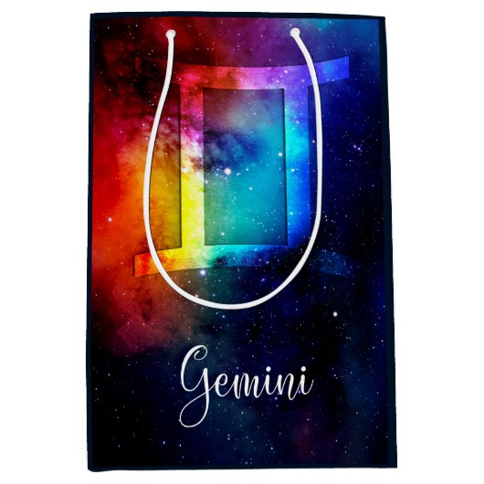 〔占星術の〕十二宮図:ジェミニレインボー宇宙 ミディアムペーパーバッグ (正面)