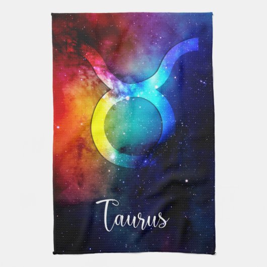 〔占星術の〕十二宮図:タウロス宇宙レインボー キッチンタオル (縦)